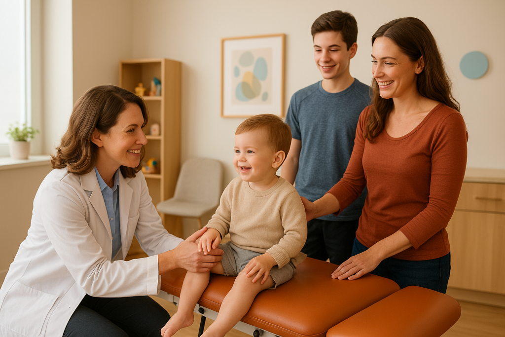 Family visiting Davidson Family Chiropractic in Overland Park for pediatric chiropractic care, featuring a chiropractor gently working with a toddler while a teen and mother look on in a welcoming, child-friendly clinic.