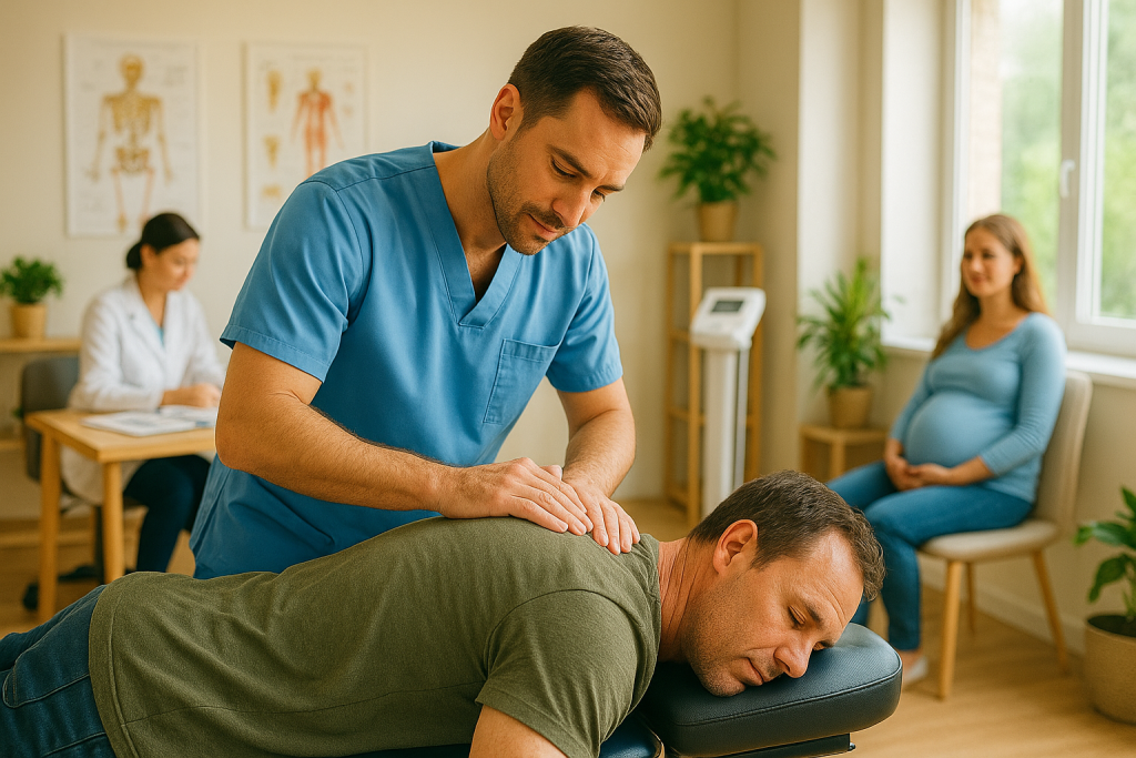 A chiropractor gently performs a spinal adjustment on an adult patient inside a bright, modern wellness clinic. In the background, a child is being checked by another practitioner while a pregnant woman waits comfortably. The space feels family-friendly with natural light, plants, and professional chiropractic equipment, highlighting whole-family wellness care.