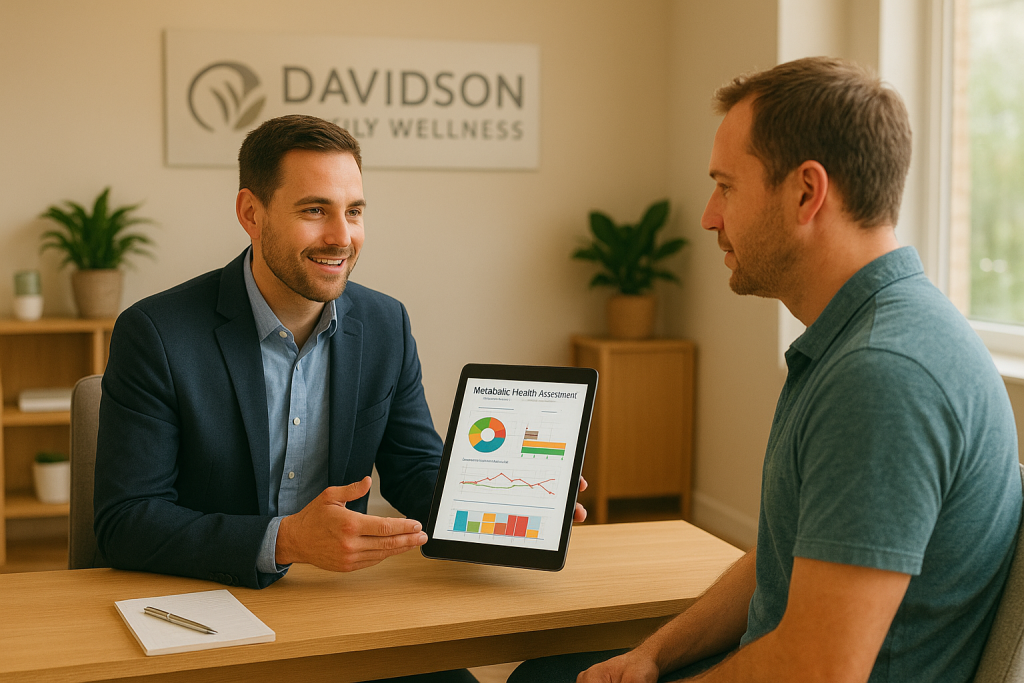 Male chiropractor at Davidson Family Wellness in Overland Park conducting a metabolic health consultation with a male patient in a modern wellness clinic.