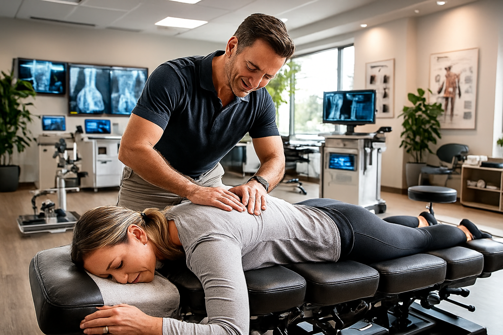 Chiropractor at Davidson Family Wellness in Overland Park providing a comprehensive spinal adjustment in a modern clinic, highlighting advanced chiropractic care for whole-body wellness.